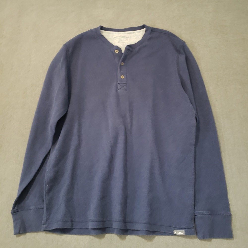 Eddie Bauer Thermal Mens Size L Navy Blue‎ Henley Casual Long Sleeve